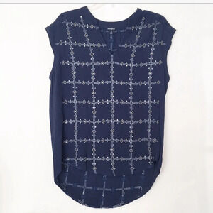 Lucky Brand Navy Blue Beaded Tunic Top